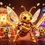 Spin the slots with a vibrant illustration of a golden hornet samurai, dynamic gaming elements, and jackpot excitement.