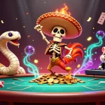 Jouer au poker en ligne avec un rooster mariachi dans une ambiance festive, entouré de jetons et cartes.