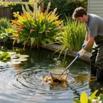 Pond Clean Sussex expert maintaining clear water in a vibrant garden pond.