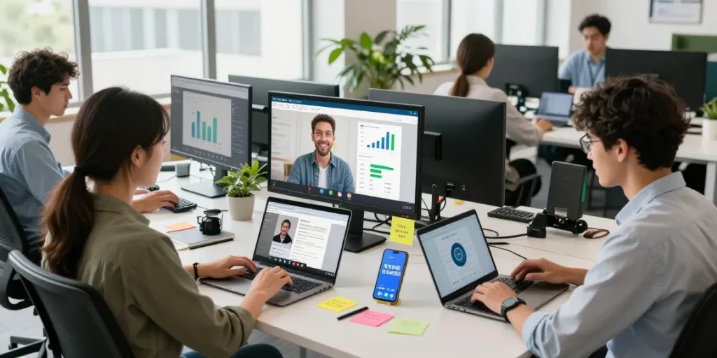 Dynamic digital communication scene with professionals using 纸飞机中文版 on laptops and smartphones in a bright workspace.