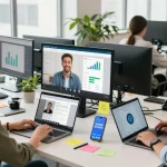 Dynamic digital communication scene with professionals using 纸飞机中文版 on laptops and smartphones in a bright workspace.
