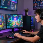 Engaged gamer on SPACEMAN88 platform showcasing thrilling slot gameplay and colorful user interface.