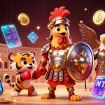Illustration vibrante d'un casino fiable en ligne mettant en scène un coq gladiateur et un tigre cubain.