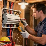 Birmingham 24 hour electrician inspecting a fuse box in a home basement, showcasing tools and safety gear for reliable electrical support.