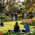 Visitors exploring the stunning gardens at https://www.thecapayvalleygardentour.com, capturing vibrant flowers and family moments.
