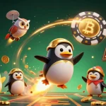 Plongée dans l'univers du casino en crypto avec un pingouin doré fendant l'espace, un jet de pièces d'or à la clé.