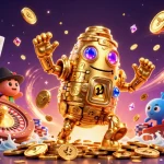 Illustration dynamique d'un casino fiable sans KYC, avec un golem doré, des jetons et des cartes.