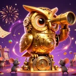 Les jeux de casino en ligne prennent vie avec une chouette en or et des souris sur un sol de casino animé.