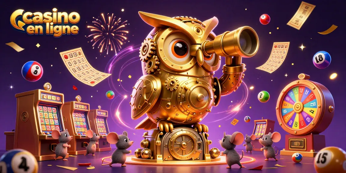Les jeux de casino en ligne prennent vie avec une chouette en or et des souris sur un sol de casino animé.