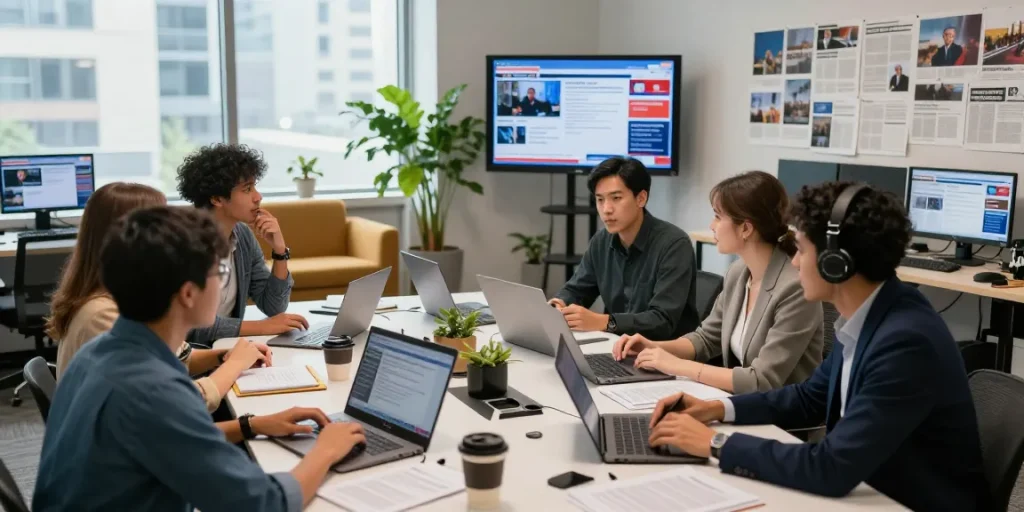 Journalists collaborating at https://www.theindaily.com newsroom, engaging in discussions with laptops and notes.