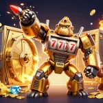 Illustration du meilleur site de pari en ligne, représentant un gorille mech doré à thème de casino avec des pièces d'or