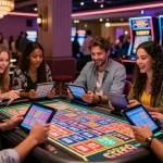 Pengalaman menarik bermain angka untung di meja lotere dengan tiket berwarna-warni dan cahaya neon yang cerah.