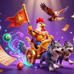 Jouez sur le meilleur site de pari en ligne avec un roi en chariot d'or entouré de billets de loterie et de jeux.
