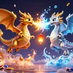Jouez dans un casino en ligne retrait immédiat avec des dragons fantastiques au centre d'une scène animée.