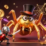 Découvrez les meilleurs casinos crypto avec cette illustration dynamique mettant en scène une tarentule dorée, un chevalier scarabée et des éléments de blockchain.