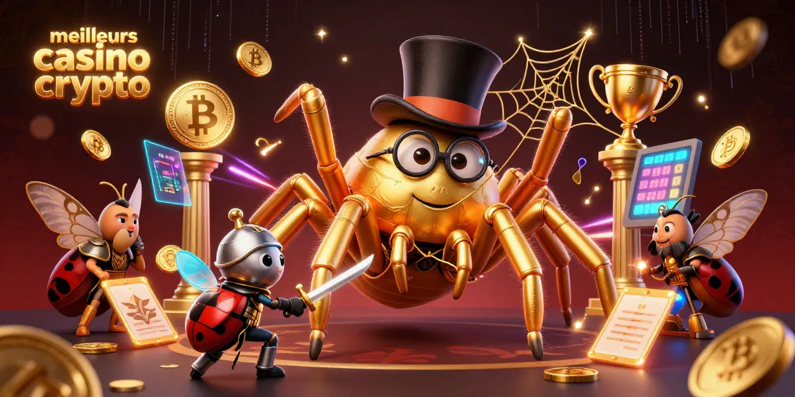 Découvrez les meilleurs casinos crypto avec cette illustration dynamique mettant en scène une tarentule dorée, un chevalier scarabée et des éléments de blockchain.