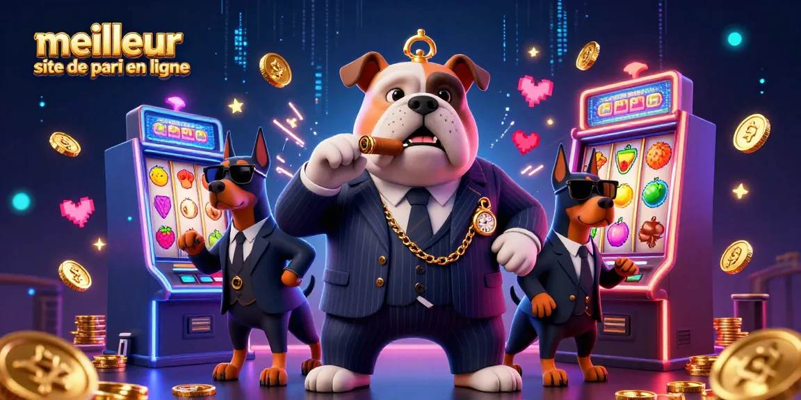 Visuel captivant avec un bulldog mafia et des Doberman pour promouvoir le meilleur site de pari en ligne.