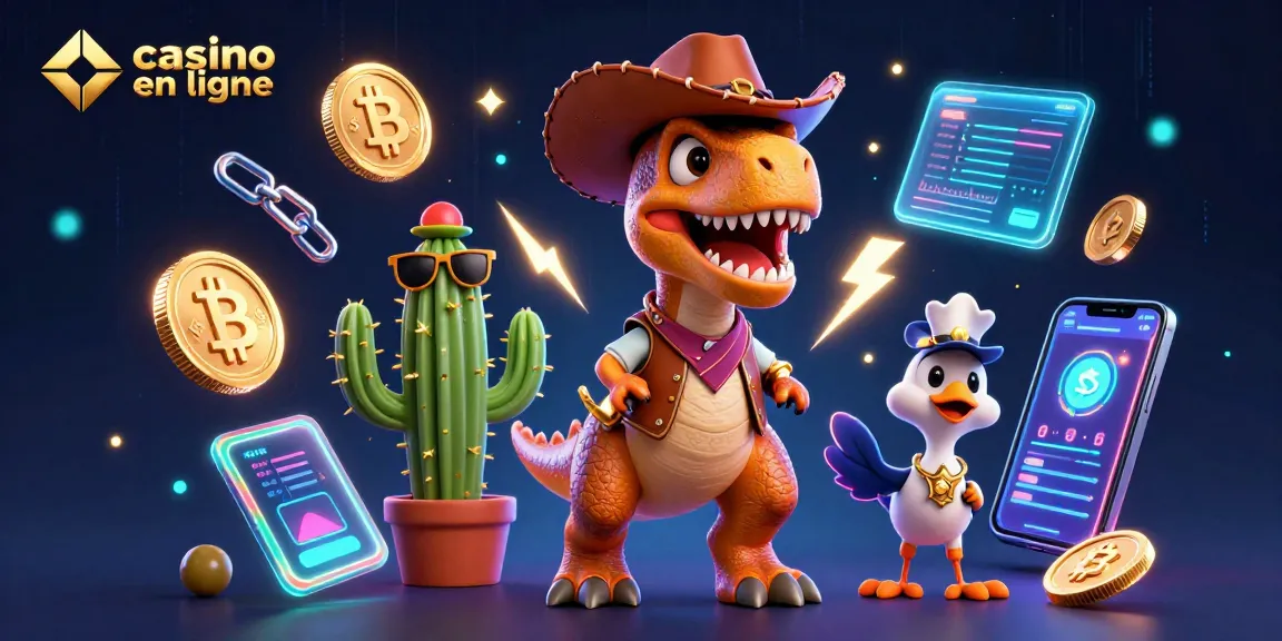 Plongez dans le monde du casino en ligne avec un T-Rex, cactus et roadrunner.
