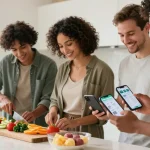 Friends using the best calorie tracker app while cooking healthy meals together in a bright kitchen
