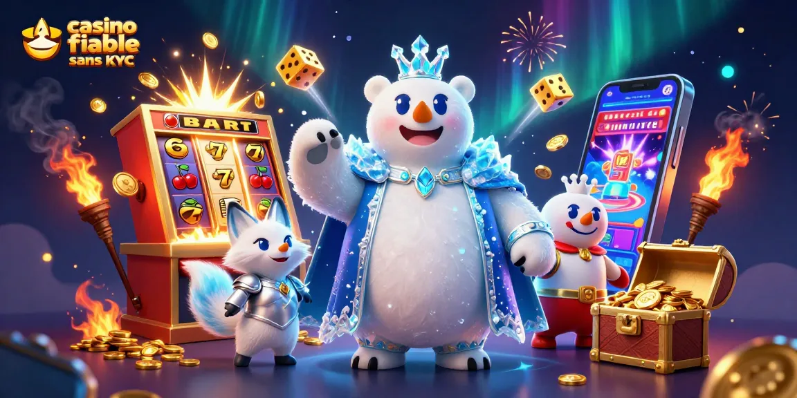 Plongez dans l'univers du casino fiable sans KYC avec un ours polaire royal et son renard en armure, symbole d'aventure et de gains.