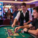 Exciting gaming scene at https://bhma.org.uk/ featuring players enjoying credit card casinos with vibrant slot machines and poker tables.