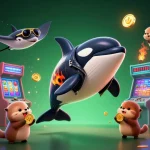オンラインカジノ アプリ名の魅力的なシーンを描いたイラストで、金貨を持つ海獺の家族と共に、オルカクジラとエイが描かれています。