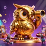Engaging scene showcasing agen judi bola with a golden owl and dynamic casino elements.