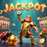 Exciting scene featuring slot 5 ribu with hercules beetle in armor celebrating wins alongside crypto elements.