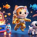 Visitez un casino fiable en ligne avec une illustration immersive d'un chat astronaute et un chien robot.